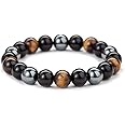 Bracciale Tripla protezione Gemma naturale autentica perla 10mm Ossidiana con occhio di tigre, perline di ematite