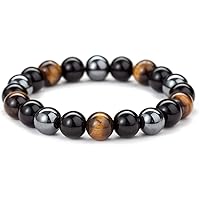 Bracciale Tripla protezione Gemma naturale autentica perla 10mm Ossidiana con occhio di tigre, perline di ematite
