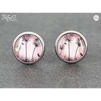 Ohrstecker Edelstahl * Cabochon- Pusteblume - schwarz, rosa - 10 mm