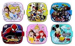 perpetual bliss (pack of 12) fancy disney theme square lunch box double layer for kids return gifts (dimension)cm: 13x13x10- Multi color