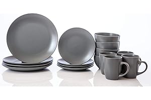 HOMD 16-Pieces Stoneware Dinnerware Set, Dinner Set, Kitchen Dinnerware Ceramic Crockery Set, Dinner Service Set for 4, Include Dinner Plate, Dessert Plate, Cereal Bowl and Mug (Gray)