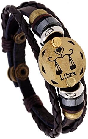 Qinyin Men’s Womens Retro Punk 12 Constellation Zodiac Sign Libra Bracelet Braided Leather Alloy Charm Bracelet Multilayer Cuff Wristband Bangle