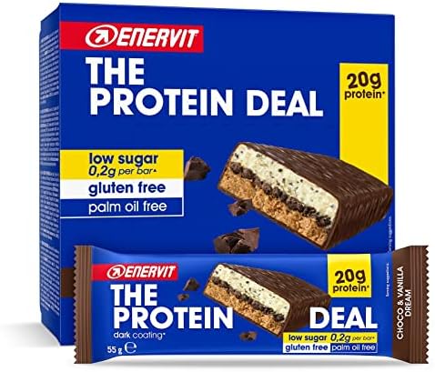 Enervit, The Protein Deal Choco & Vanilla Dream, Barrette Proteiche, Gusto Vaniglia e Cioccolato Fondente, 20g di Proteine, 0,2g di Zuccheri, Snack Goloso e Salutare, Senza Glutine, 12 Barrette da 55g