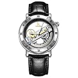 AStarsport Herren-Armbanduhr, einzigartig, modisch, klassisch, lässig, luxuriös, hohles Gehäuse, leuchtende Skelett-Waage, automatisches mechanisches Uhrwerk, Leder-Armbanduhr, Schwarz