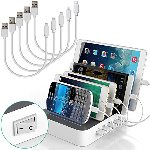 IMLEZON Stations de charge 5 Ports USB Multiport Support Chargeur Station et 5 C  bles pour iPhone iPad Smartphones et Tablettes  Blanc 
