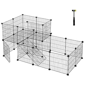 SONGMICS Parque para Mascotas, 1,5 Niveles, Jaula Modular, para Animales Pequeños, Hámsters, Conejos, Cobayas, Paneles de Malla Metálica, Uso Interior, 143 x 73 x 71 cm, Negro LPI06H