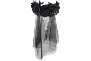 RUIXIA Ladies Day of the Dead Mesh Veil with Roses Garland Vintage Halloween Carnival Party Headband Fancy Dress Flowery Adults Costume Hairband Gothic Corpse Bride Veil Headpiece Head Buckle Wreath
