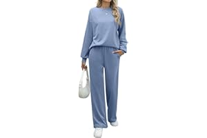REORIA Women Cotton Lounge Wear Sets Crew Neck Tracksuit Set Two Piece Outfit Long Sleeve Top and Wide Leg Pants Co Ord Sets