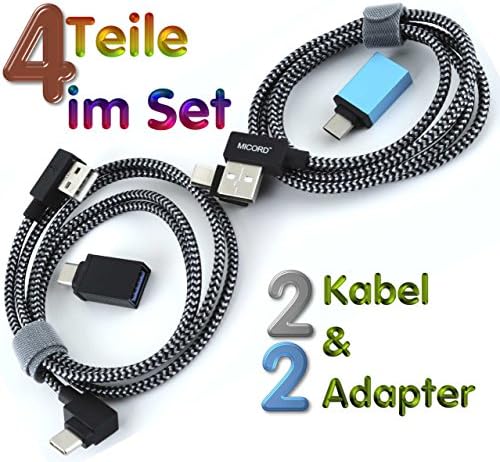 2XLADEKABEL/Adaptor Kit New. Super Low Profile High Speed Type USB Charging Cable and Data Cable 1 Meter Nylon Weave Design (Set of 2 Each) and USB 3.1 Adapter for Devices with a 3.1 USB C Connector (2 Pieces)