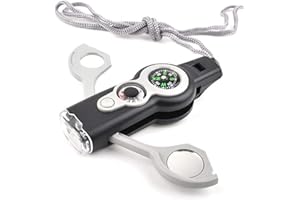 LKMY Mini outil de survie d'urgence multifonction pour sports de plein air, sifflet, boussole, thermomètre, mousqueton, montre, compteur kilométrique, télémètre, loupe, porte-clés