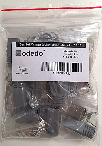 odedo® 10er Pack Crimpstecker grau CAT 7, CAT 7A, CAT 6A für Verlegekabel bis 8mm, 10 GBit Gigabit Ethernet, für starre oder flexible Adern 1.2mm bis 1.45mm, RJ45 Stecker Metall geschirmt mit Einfädelhilfe und Knickschutz, Crimp Stecker Netzwerk Lankabel RJ45 Kat 7, 7A, 6A, nicht für dünne CAT 5 Kabel geeignet. Modular Plug shielded Connector with Insert - 4