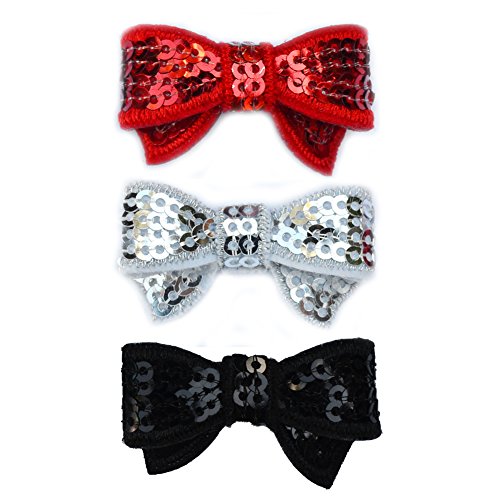 Toddler Wispy Clippy - Sequin Bow Hair Clip - Best No Slip Barrette for Fine Hair (Pack2-Red/Silver/Black)