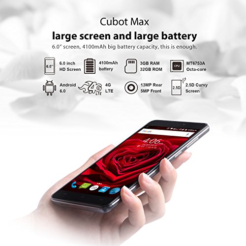 Cubot Max Smartphone ohne Vertrag 6 Zoll HD Touch-Display mit 4100 mAh Akku, 3GB Ram+32GB interner Speicher, Octa-Core Prozessor, Android 6.0, Dual-SIM, 4G LTE FDD, 5MP Frontkamera / 13MP Hauptkamera, IPS 2.5D gebogener Bildschirm Silber [ Cubot Offiziell ]