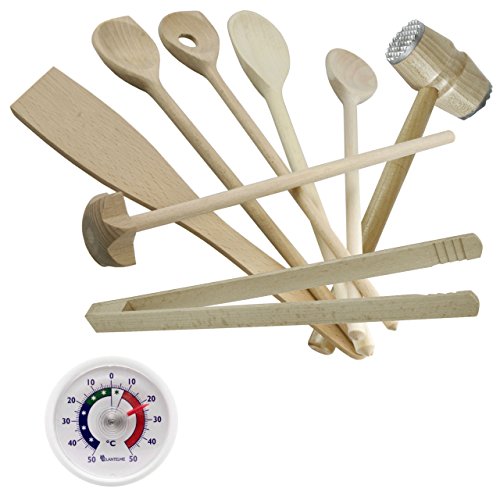 Küchen / Koch / Grill Besteck Holz Set 9 tlg. Mit Fleischklopfer , Grillzange , Kochlöffel , Quirl , Pfannenwender und Kunststoff Thermometer Analog