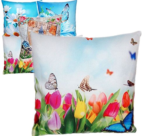 hübsche KISSENHÜLLE 40x40 cm Motiv BEIDSEITIG Tulpenwiese mit Schmetterlingen Dekokissen Frühling Sommer Polyester pflegeleicht Fotoprint Kissen eckig (Tulpenwiese Schmetterlinge)