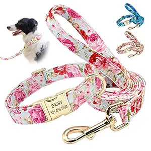 Beirui Soft Floral ID Dog Collars with Name Plate,Beautiful Flower Print Personalized Puppy Dog Collar and 5FT Leash Set for Small Medium Large Dogs, S(5/8