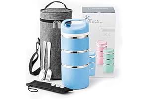 Lille Home 1380ml Contenitore per Pranzo/Snack con Scomparto Termico impilabile in Acciaio Inossidabile, Contenitore per Bento/Alimenti isolato a 3 Livelli con Borsa per il Pranzo, Posate (Blu)