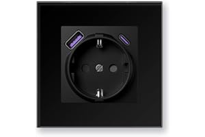 BSEEDLIFE Enchufe Pared,Enchufe Pared con USB/USB-C Normas Europeas Schuko,86 * 86mm 1 Gang 16A,Carga Rápida de 20 W,Marco de Cristal,Fácil Instalación,Negro