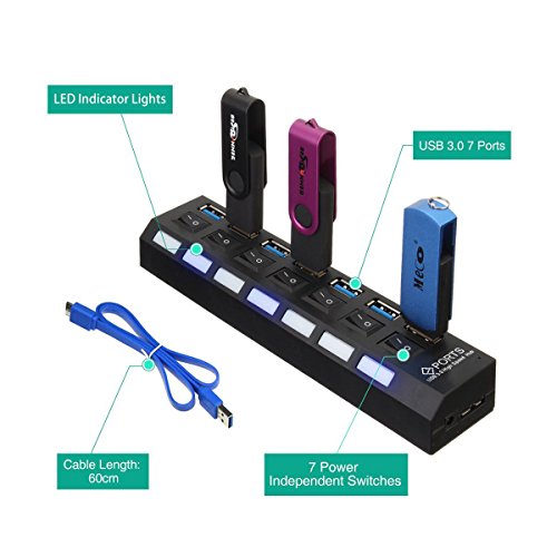USB HUB,Superspeed USB Datenhub 7 Ports 3.0 Ultralight Verteiler mit Diagnose LED Anzeige Unterstützt Hot Plugin bzw Plug & Play mit Energiespar Schalter für PC Laptop Notebook Computer Windows MAC (Weiß) - 4