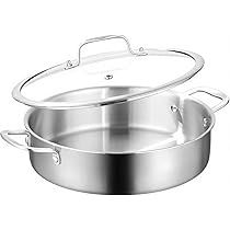 DELARLOCHEF Serveerpannen 32 cm, braadpan met deksel, roestvrijstalen pan, drielaagse kookpan van roestvrij staal met twee handgrepen, gelijkmatige warmteverdeling, besparing