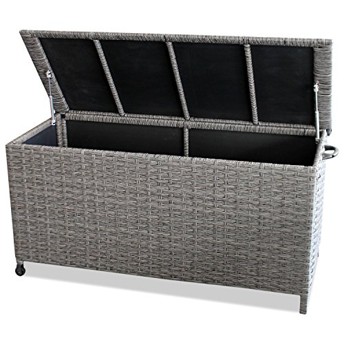 Auflagenbox Kissenbox Gartenbox Gartentruhe Aufbewahrungsbox Aufbewahrungskiste Kissentruhe - mit Hubautomatik, 134x56x65cm, Poly Rattan, Rollbar, Grau