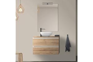 INBAGNO Mobile Bagno sospeso 80 cm per lavabo da appoggio, Serie Master 2 cassetti, Completo di Top e Specchio (Rovere Miele)