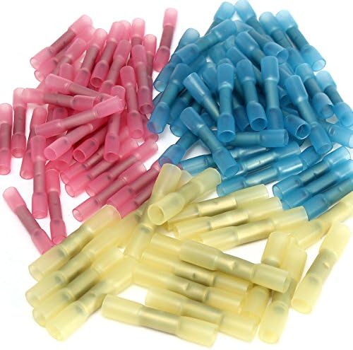 XNEMON 100pcs Assorted 22-10GA Heat Shrink Butt Wire Crimp Connector Electrical Set 40 Red 0.5-1.0mm+40blue 1.5-2.5mm+20yellow4.0-6.0mm