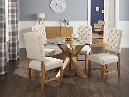 Romford Round Fixed Tempered Glass Table &amp; 4 Belmont Duck Egg Chenille Fabric Chair with Solid Oak Legs - Ideal Dining Room Sets for Traditional Contemporary Kitchens &amp; Dining Rooms