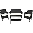 COZYBRITE Rattan Garden Furniture Sofa Set with Coffee Table Chairs 4 Seater for Outdoor Patio Balcony 6210-B (Black +Beige Cushions)