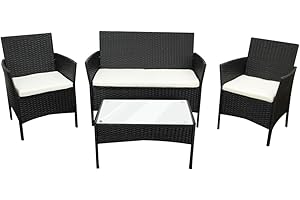 COZYBRITE Rattan Garden Furniture Sofa Set with Coffee Table Chairs 4 Seater for Outdoor Patio Balcony 6210-B (Black+Beige Cushions)