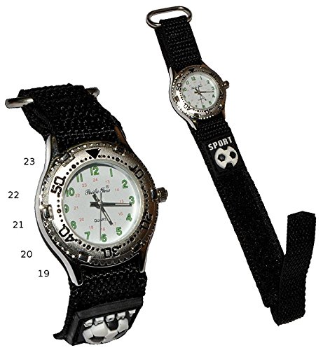 Kinderuhr Fuball mit Klettband / Stoff Armband schwarz - Uhr Kinder Jungen Sport Armbanduhr Analog Fuballer