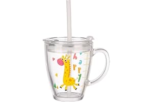 ITODA Tasse pour Enfants 4-6 Ans Tasse à Lait avec Paille Silicone Verres à Boire Transparent 300 ml avec Échelle Poignée Verre d'eau Dessin avec Un Couvercle Anti-fuite Mug pour Enfants,girafe
