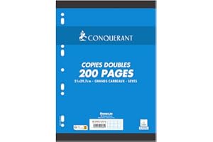 Conqueror Single sheets perforated A4 90 g 200 pages Seyès Copies Copies Doubles perforées Conquérant - 200 pages A4 70g - Grands carreaux Seyès. Conquérant a développé une réglure 2 couleurs, en partenariat avec des ophtalmologiste : les lignes principales sont violettes et les interlignes sont bleues. Cette réglure réduit l'effet de la fatigue chez l'enfant et améliore efficacement sa concentration.