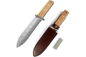 Minamino Hori Hori Gartenmesser, ideales Gartengerät zum Jäten, Graben, Schneiden, Pflanzen, Landschaftsbau und mehr, mit Einer dicken Lederscheide und einem Schleifstein