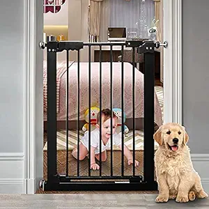 COSEND Narrow Walk Through Baby Gate 24.02-29.13 Inch Wide Auto Close Tension Black Metal Child Pet Indoor Safety Gates Pressure Mounted for Stairs& Doorways (24.02