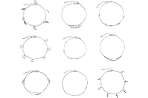 Huture 9 Stücke Damen Fußkettchen 925 Sterling Silber Barfuß Strand Armbänder Boho Knöchel Ketten Silbernes Fußspange Sommer Fuß Schmuck Verstellbare, Silberschmuck Anklet