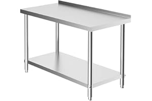 FIDOOVIVIA Kitchen Table Food Prep Bench Stainless Steel Commercial Work Table Double Shelf with 3.5CM Worktop Backsplash for Kitchen Bar Restaurant Silver Size 120 x 60 x 80CM