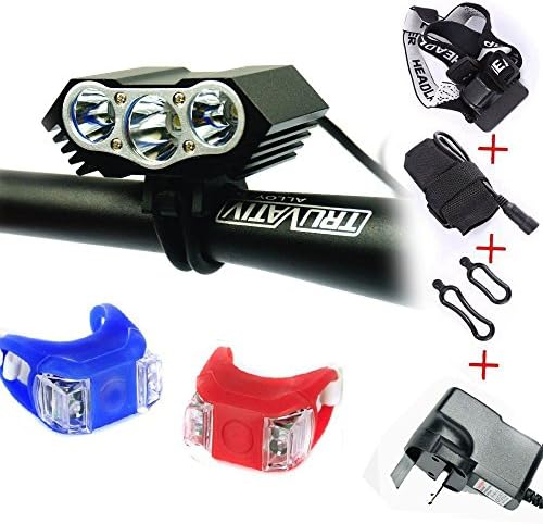 Woporr Head Lamp torch 3X Cree XML T6 LED Bicycle Bike Lights Front Mounted Rechargeable (3 LED,4 modes)Headlight,Rechargeable HeadLamp Cycling Bicycle Light HeadLight with Charger + 4pcs 18650 batteries +Headband &amp; 2pcs Bright Waterproof bike bicycle rear tail lights