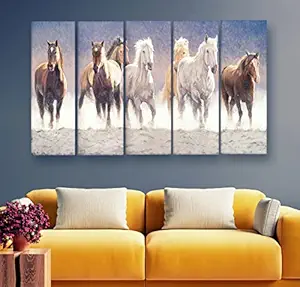 Artdira 7 Horses Vastu Prosperity Multiple Frames Wall Painting For Living Spaces, Bedroom, Hotels & Office With Sparkle Touch 7mm Hard Wooden Board (50 30 inches) AD_MFC_68