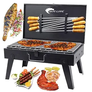 Hot life Foldable Briefcase Style Charcoal Barbeque Grill with 8 Wooden Handle Skewers Stainnless Steel Tong & Hand Gloves