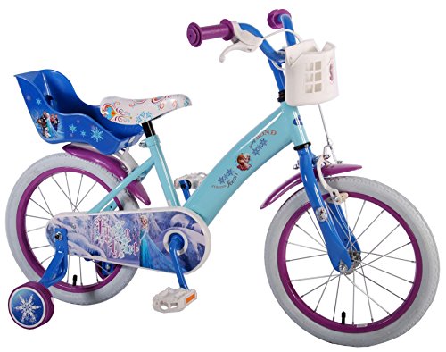 Girl bicycle Disney Frozen 16 inch 4 5 6 years old with removable training wheels, doll seat and basket blue
