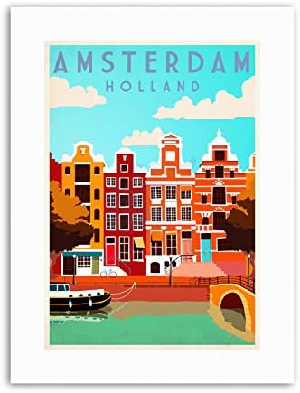 AMSTERDAM HOLLAND NETHERLANDS CANAL BRIDGE BOAT HOUSES Poster Travel Canvas art