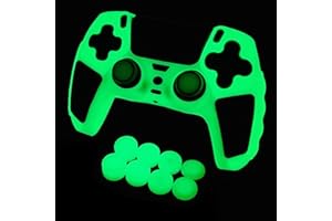 HLRAO -Verde Glow in the dark Cover protettiva antiscivolo compatibile con controller PS5/Slim/Pro, Include 8 pezzi di impugnature per il pollice Green Glow e 2 accessori Glow Grips.