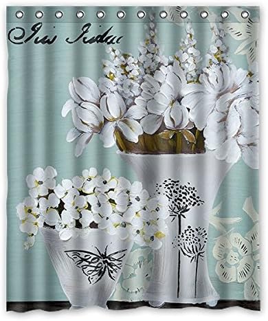 Elegant White Flowers and Vases Waterproof and Mildew Proof Polyester Fabric Bathroom Shower Curtain 60"x72" (152cm x 183cm)