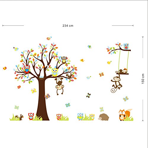 Wand Sticker Aufkleber Papier Kunst Dekoration Fröhliche Tiere Löwe Wald Baum Deko Dschungel-Affe-Waldtierwandaufkleber Eichhörnchen und Eule Schaukel Spiel - 3