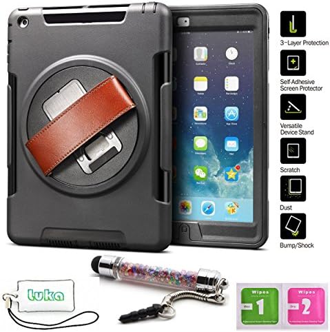 Luka 360 Degree Rotation Black Case With Stand,Compatible with iPad Air 2,For Ipad Air 2 Rugged: Water Proof, Dirt proof and Shockproof, 360 rotatable,Yellow Leather Hand Strap With Built-in Stand(Ipad Air /Ipad 5, Black)