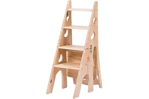 HYXSHOP 3 in 1 Gradino Pieghevole Convertibile, Sgabello Pieghevole in Legno Scala Portatile Sedia Sgabello Multifunzione Scaletta/Sedia per Casa Biblioteca 4 Gradini, Portafiori (Color : Wood, S : 47x35x90