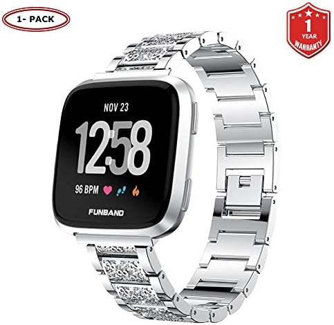 FunBand Strap Compatible with Fitbit Versa Strap Bands, Stainless Steel Bling Replacement Band Accessories Bracelet with Rhinestones Diamond Compatible with Fitbit Versa/Versa 2/Versa Lite Watch Band