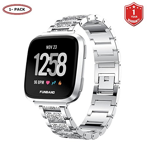 FunBand Strap Compatible with Fitbit Versa Strap Bands, Stainless Steel Bling Replacement Band Accessories Bracelet with Rhinestones Diamond Compatible with Fitbit Versa/Versa 2/Versa Lite Watch Band
