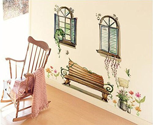 Abnehmbare Wandsticker Wandtattoo Größe: 60cm*90cm Home Dekoration pastoralen Stil Stuhl falsche Fenster